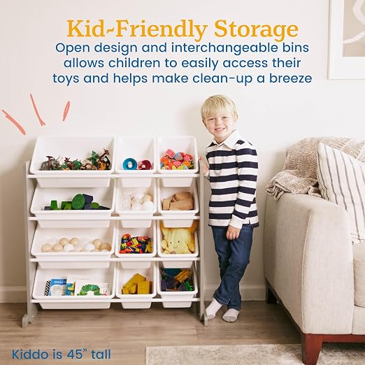 ECR4Kids 4-Tier Organizer with 12 Removable Plastic Bins, 4x3, Toy Storage, Grey/White | Durable plastic bins, MDF panels, steel frame, GREENGUARD Gold Certified, 48 lb capacity, anti-tip kit, playroom/classroom - Image 5