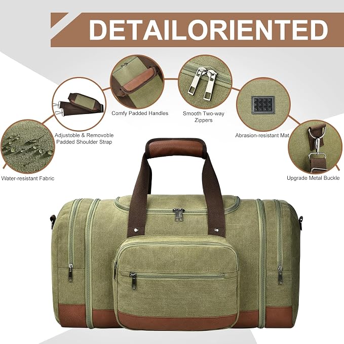 Litvyak 50L Canvas Duffle Bag for Travel Weekender Gym Overnight Carry-on | Expandable, Eco Certified, Leather Accents, Toiletry Bag Inclued, Travel Weekend Luggage Sports Duffel Bag for Women Men - Image 5