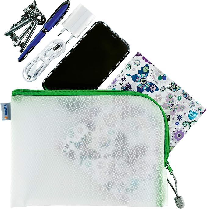 Herma 20010 Zip Toiletry Bag A5, Transparent (26 x 20 cm) Small Zippered Travel Pouch for Cosmetics, Liquids, Make-up, Toothbrush, Clear Cosmetic Bag with Zipper in Green - Image 2