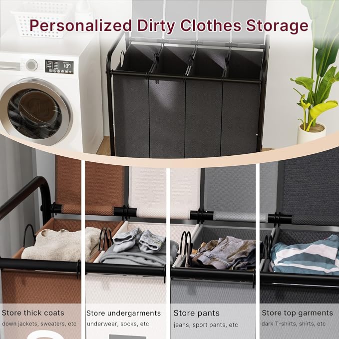180L Laundry Sorter 4 Section with Lockable Wheels and Lid Black | 4 Large Separate Removable Bags | Heavy Duty Rolling Laundry Basket | Laundry Hamper Cart for Laundry Room Organizer - Image 2