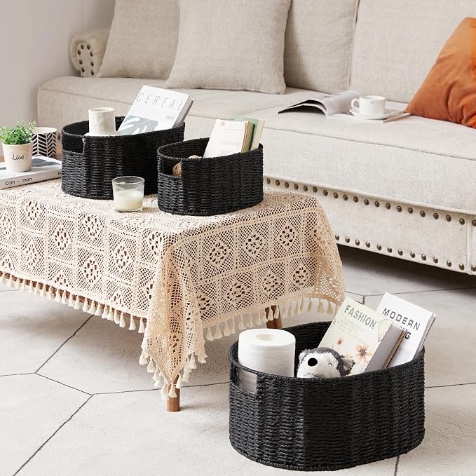 Wicker Basket, Set of 3 Round Storage Baskets for Organizing, Woven Paper Rope Wicker Storage Basket with Handles, Black Cube Storage Organizer Bins Baskets for Shelves & Decor, Black - Image 3