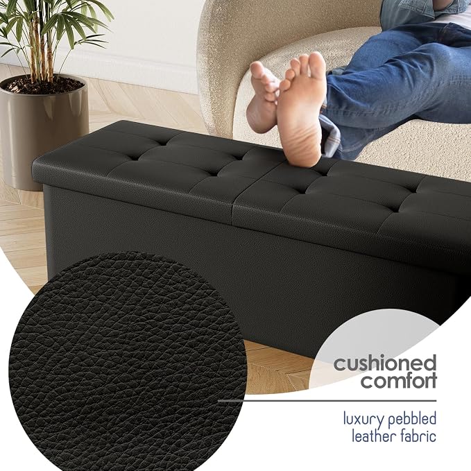 Storage Ottoman Bench with Bins, 43-in Storage Bench for Bedroom End of Bed, Folding Foot Rest Ottoman for Living Room Max 660lbs, Faux Leather Ottomans, Black - Image 7
