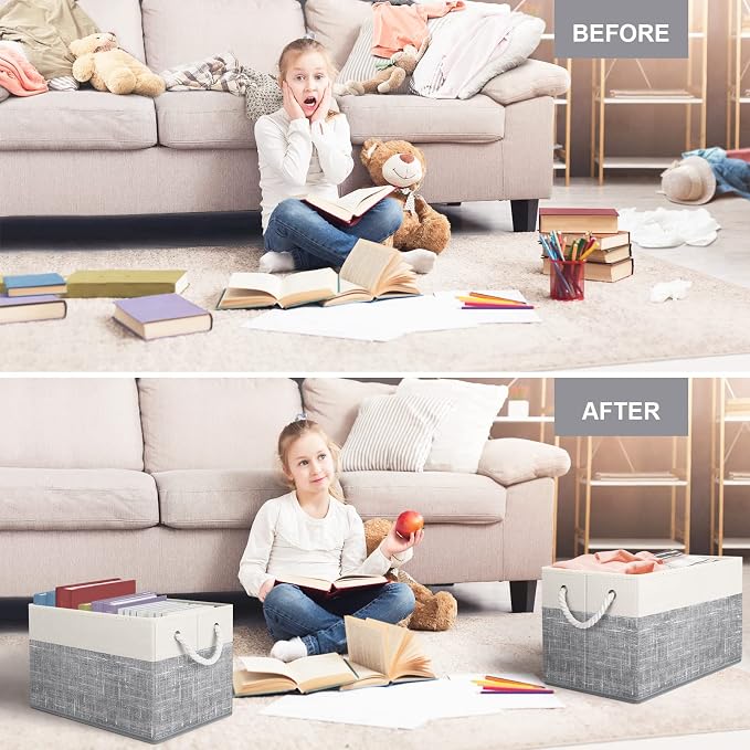 Storage Bins 6-Pack, Foldable Storage Baskets for Organizing Toys, Books, Shelves, Closet, Large Storage Box with Rope Handles, Sturdy Organizer Bins, White & Grey - Image 3