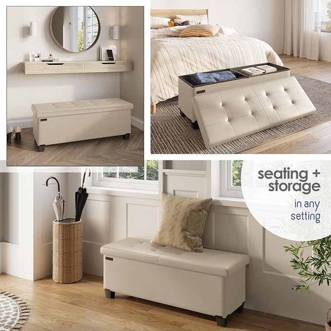 Storage Ottoman Bench with Bins, 43-in Storage Bench for Bedroom End of Bed, Folding Foot Rest Ottoman for Living Room Max 660lbs, Leather Ottomans, Beige - Image 4