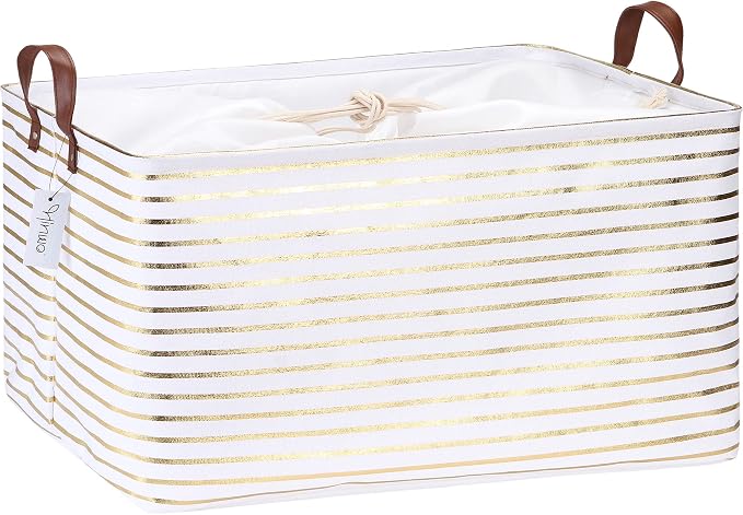 Hinwo 70L Extra Large Canvas Storage Bin with Lid and Handles | Collapsible Fabric Basket, Closet Shelf Organizer, Container for Clothing, Blankets, Toys, Bedding (Gold Stripe) by Hinwo