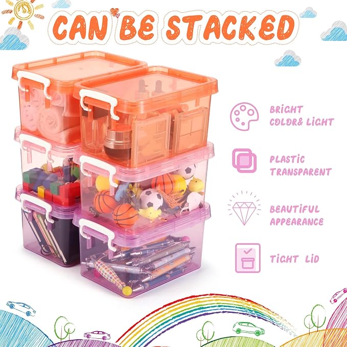 6 Pack Colorful Plastic Storage Bins with Lids 4 Quart Small Storage Latch Box Stackable and Nestable Clear Organizer Bins with Latching Handle and Buckle for Organizing(Sweet Color) - Image 4