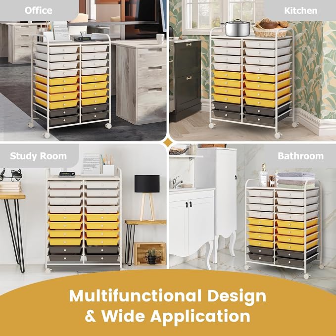 RELAX4LIFE 20 Drawer Rolling Storage Cart, Mobile Rolling Cart w/Drawers for School Classroom Teacher Office Home Salon, Paper File Art Supply Craft Organizer, Utility Cart on Wheels (Yellow) - Image 7