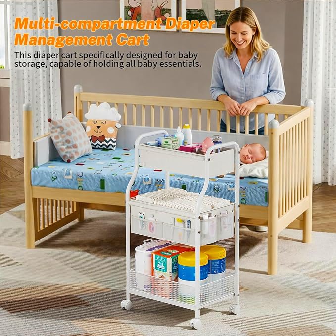 3-Tier Diaper Caddy Organizer & Rolling Cart,Metal Utility Cart with 4+2 Dividers & Lockable Silent Casters, Mobile Storage Cart for Nursery Essentials, Multi-Purpose for Kidsroom Changing Table - Image 5