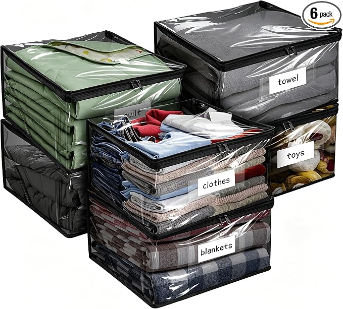 Plastic Storage Bags with Easy-Glide Zipper, Pack of 6, Durable Clear Vinyl Zippered Storage Bags for Clothes Sweaters Comforters Blankets Sheets Bedding (18 x 15 x 9 Inch, Transparent Black) by Kikerike