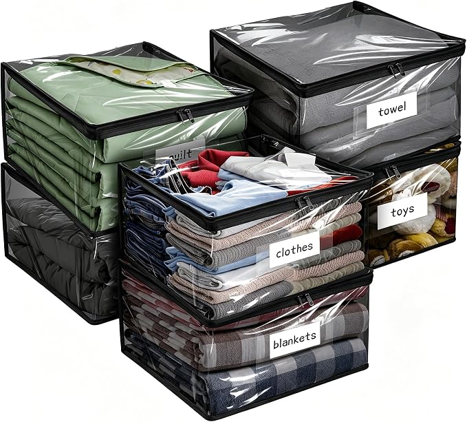 Plastic Storage Bags with Easy-Glide Zipper, Pack of 6, Durable Clear Vinyl Zippered Storage Bags for Clothes Sweaters Comforters Blankets Sheets Bedding (25 x 21 x 11 Inch, Transparent Black) by Kikerike