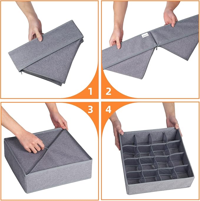 6 Pack Large Drawer Organizer for Sock Underwear - Washable Heavy Duty Fabric Closet Organizers and Storage Bins - 90 Cells Dresser Organizer Divider for Baby Clothes, Ties, Belt (Grey) - Image 7