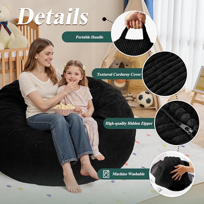 5FT Bean Bag Chair for Adults,Gaint Teardrop Beanbag with Filler | Beanbag Chair with Memory Foam Filled,Bean Bags with Handy Handle&Machine Washable Cover for Living Room,Bedroom-Black - Image 5