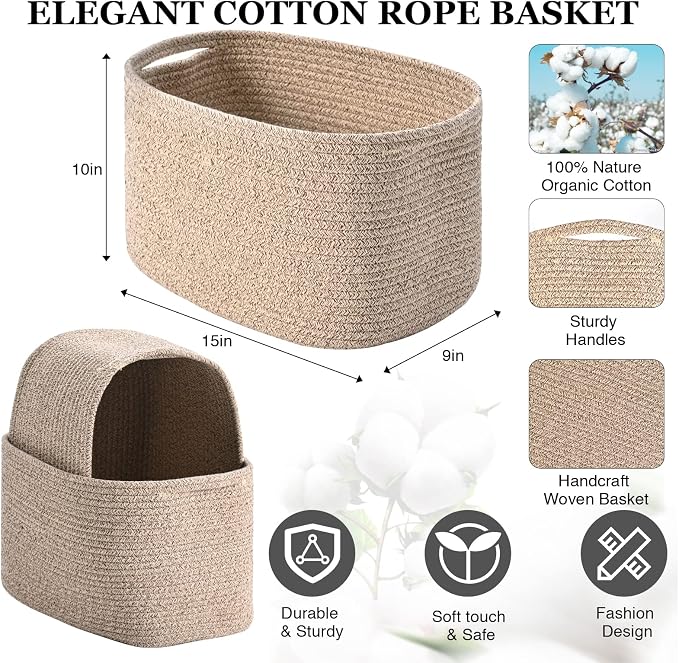 Cotton Rope Storage Baskets for Organizing 3Pack 15"x10"x9" Woven Baskets for Storage,Shelf Baskets Storage Bins Towel Baskets for Bathroom,Toys Baskets Nursery Basket Laundry Baskets(Brown) - Image 2