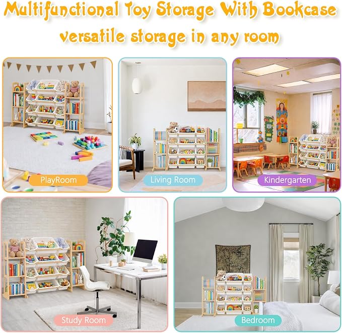 Toy Storage Organizer with Bookshelf – Wooden Toy Organizer with 12 Toy Bins & 6 Tier Bookcase,Quick Assembly Kids Bookshelf,Toy Bin for Playroom, Bedroom, Nursery– White - Image 7