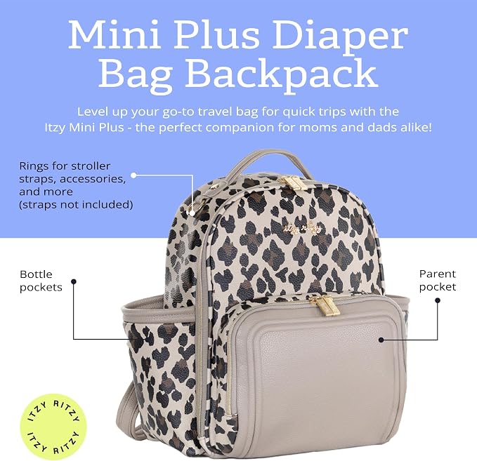 Itzy Ritzy Mini Diaper Bag Backpack - 10 Pockets w/Changing Pad (Leopard) | Chic Mini Plus Diaper Bag with 2 Insulated Bottle Pockets, Key Lanyard, Wipeable Changing Pad, Grab-Top Handle & Rubber Feet - Image 2