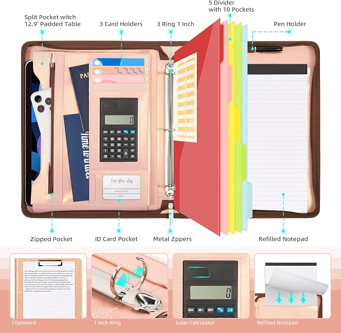 Ospelelf Clipboard with Storage, 3 Ring Binder with Zipper, Leather Padfolio Portfolio Folder, Calculator, 12.1” Tablet Sleeve, 5 Dividers with Pocket|Refillable Notepad, Card Slot (Rose Gold) - Image 3