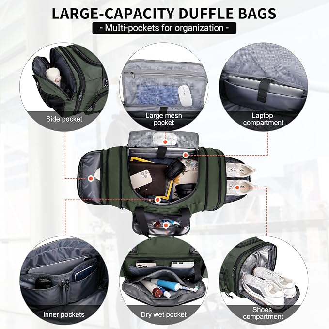 WITZMAN Mens Duffle Bag Expandable 50L Travel Gym with Shoe Compartment | Nylon, Large, With Dry-wet Pocket, Fits 16" Laptop, Carry-on Bag, For Sports Weekender Overnight, B695 Army Green - Image 4