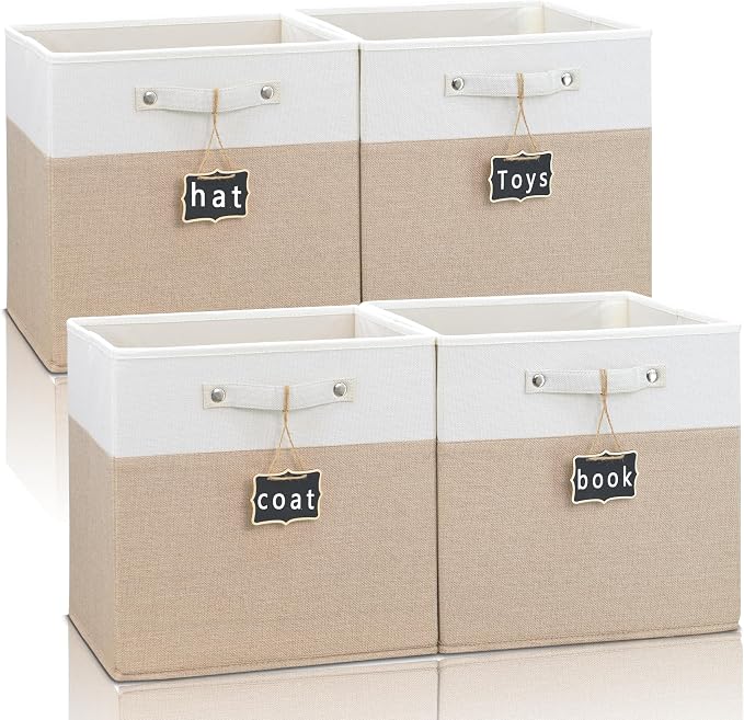 Foldable Fabric Storage Cubes with Labels, Linen Cube Storage Organizer Bins for Kallax Storage - Set of 4 (12 x 12) in White Khaki by Storageexperts