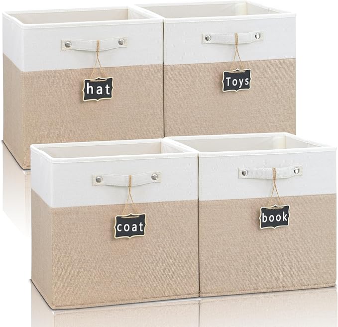 storage cubes 11x11x11Set of 4,Foldable Fabric Storage Cubes with Labels,Linen Cube Storage Organizer Bins Kallax Storage Cubes for Organizing Shelves Cabinet(White Khaki). by Storageexperts