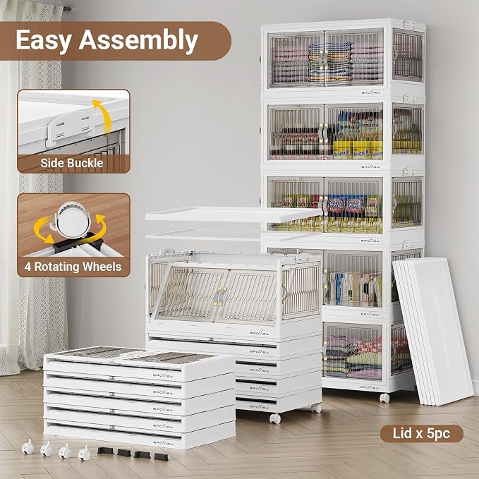 BROVIEW 480Qt Stackable Storage Bins with 4 Lids, Front and Side Open Doors, Plastic Collapsible Closet Organizer and Storage Cabinet, Foldable Box with Wheels Drawer for Home Office, 4Pack White - Image 4