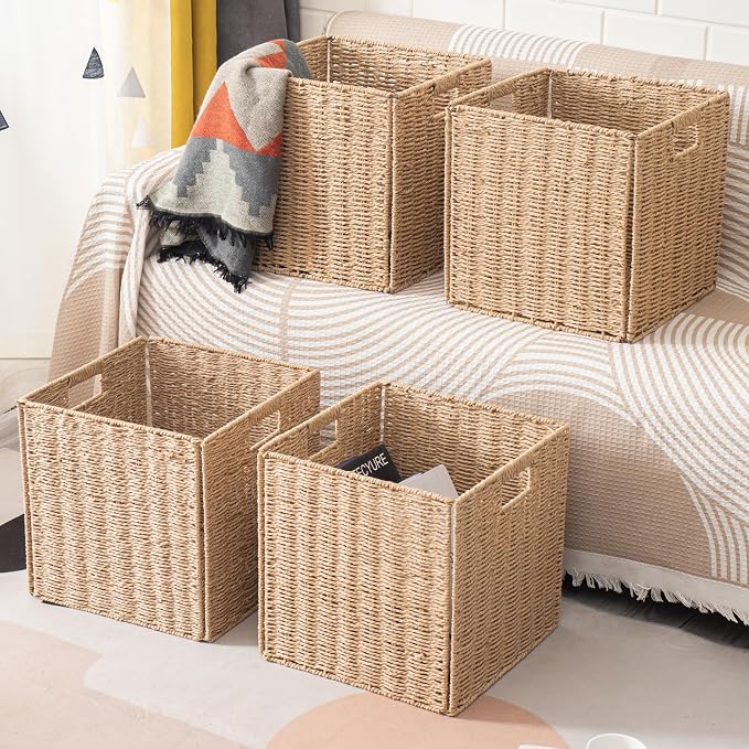 Foldable Square Baskets Set of 4, Paper Woven Storage Cube Bins with Handles for Shelves Cubby Organizing (Natural, 13'' x 13'' x 13'') - Image 4