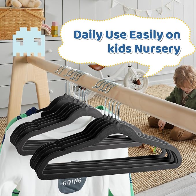 Premium 14 Inch Kids Hangers 50 Pack, Baby Velvet Hanger Non Slip | Black Space Saving Felt Hangers Clothes Organizers for Closet with 360° Swivel Hook for Children, Toddler & Teens - Image 8