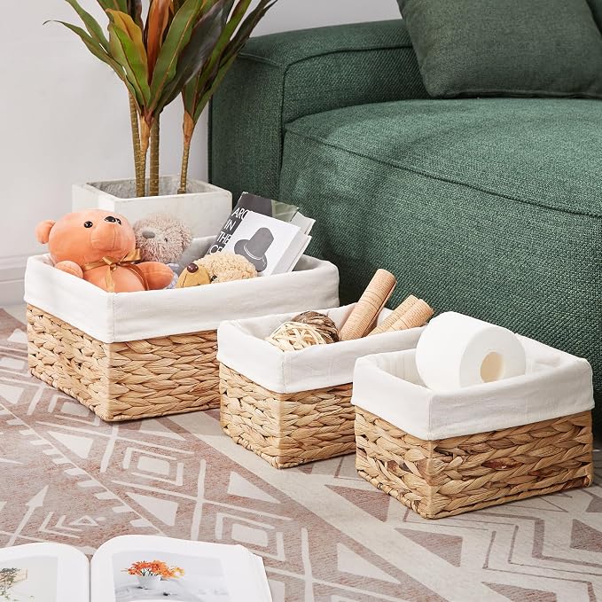 Wicker Basket, 3-Pack Water Hyacinth Wicker Storage Basket with Handles, Storage Baskets for Organizing, Large Hyacinth Storage Baskets for Shelves with Liner (Water Hyacinth Baskets Set) - Image 2