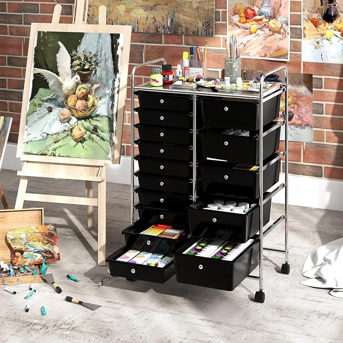 DREAMADE 15-Drawer Rolling Storage Cart, Mobile Craft Cart, Black | Utility Organizer with Lockable Wheels, Removable Plastic Drawers and Metal Frame for Home Office, Classroom and Studio - Image 7