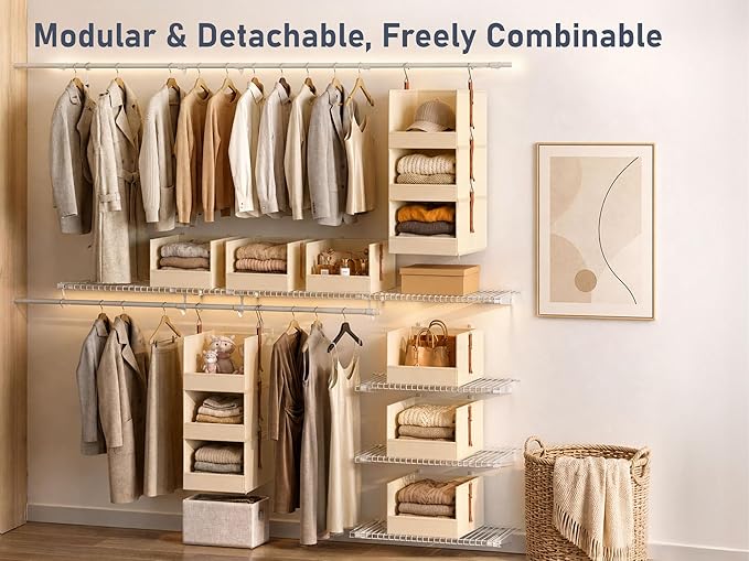 DIMJ Hanging Closet Organizer - 3-Tier Modular Hanging Shelves with Zippers Hooks, Collapsible Baskets for RV, Dorm, Small Spaces, Fabric Storage Bins for Clothes, Handbags - Image 5
