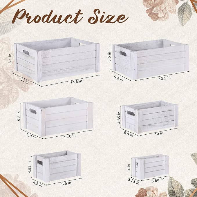 AceOrbit 6 Pcs Decorative Wood Crates for Storage Display 6 Size Rustic Nesting Crates with Handle Farmhouse Wooden Container Boxes for Wedding Bride Shower Party Market Farmers Decor(Vinage White) - Image 2