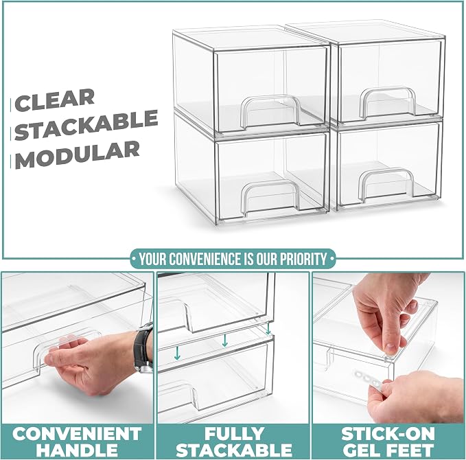 Sorbus Clear Stackable Storage Drawers (4 Pack, 4.4'' Tall) | Acrylic containers with pull-out bins keep cosmetics, brushes and daily items sorted on bathroom counters or in cabinets. - Image 5