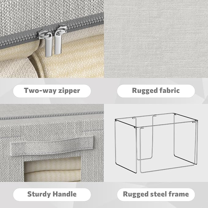 FHSQX 2Pack Clothes Storage Bins, Light Gray, 15.7x11.8x9.8 Inch | Stackable, Linen Fabric, Foldable Container Organizer, Carrying Handles - Image 4