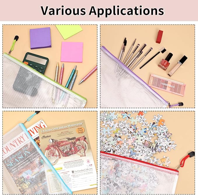 EOOUT 72pcs Mesh Zipper Pouch, A4 Size, 12 Colors Zipper Bags for Organizing Storage, Waterproof Puzzle Bag, Zipper File Bags for Board Games and School Office Supplies - Image 7