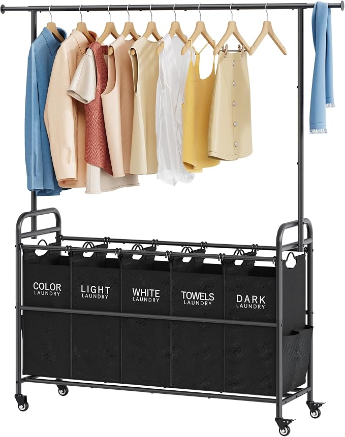 Laundry Sorter with Hanging Rack, 5 Section Laundry Sorter, Black | 246L Laundry Hamper with Removable Bag and Extended Side Bars, Rolling Laundry Sorter Cart for Bedroom, Laundry Room by Tajsoon