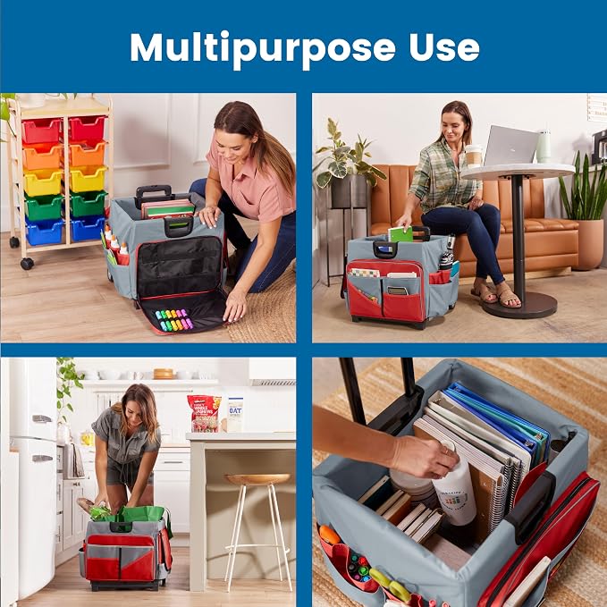 ECR4Kids Universal Rolling Cart with Canvas Organizer Bag, Mobile Storage, Red/Grey | Durable plastic, 30 compartments, adjustable handle, 40 lb capacity, collapses to 3" thick, rolling wheels for easy transport - Image 5