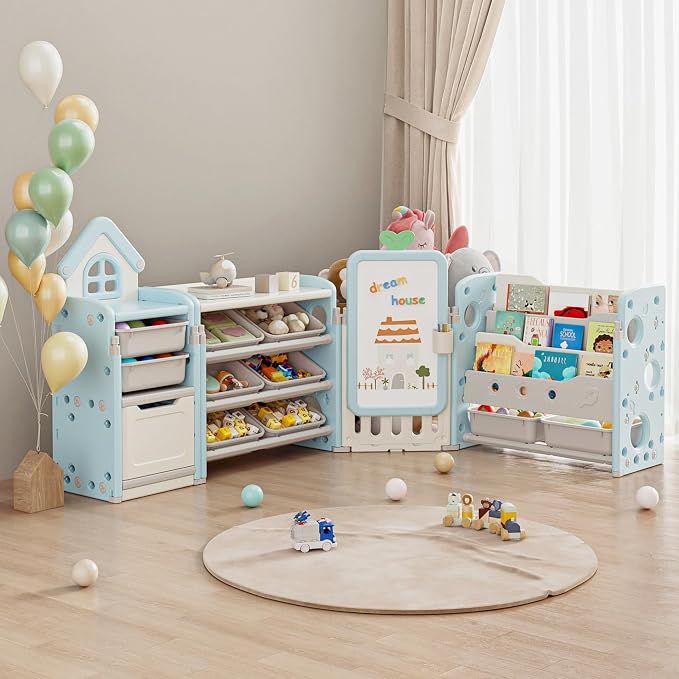Kids Toy Storage Organizer with 10 Removable Bins, Foldable Toy Organizers and Storage with 3-Tier Bookshelf for Kids Toy Storage Organizer with Drawing Board, Extra 3 Brushes (4 In 1 Light Blue) by PIPLEO