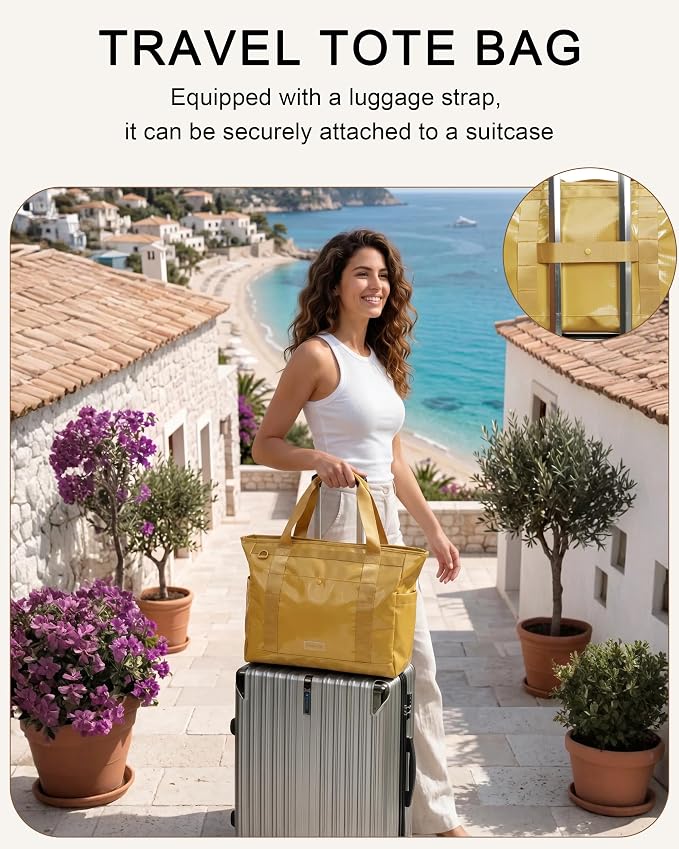 FHELAD Extra Large Glossy Tote Bag for Women, Beach Shoulder Bag 25L | Waterproof Sandproof, 15.6" Laptop Compartment, Luggage Strap, Work, Travel - Image 6