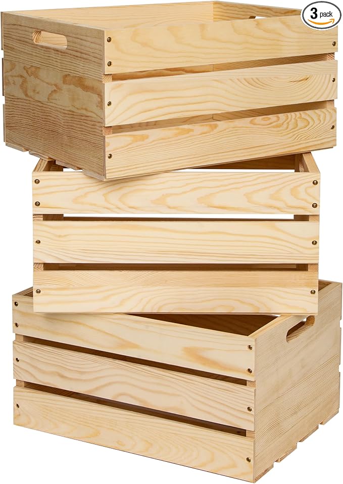 3 Packs Unfinished Pine Wooden Crate,DIY Wooden Storage Crate with Handles | 17x13x8.9 Inches,Easy-Assemble, Pine Milk Crates, Organizer for Home/Office/Farmhouse Decor by Unknown