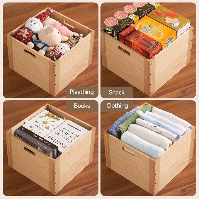 KIRIGEN Stackable Wood Storage Cube with Handles, Open Crate Bin, Natrual | Wooden Box and Open Front ,Stackable for Books, Clothes, and Closet Storage, Assembly Required, 14.17 x 14.17 x 10.31 Inch - Image 3