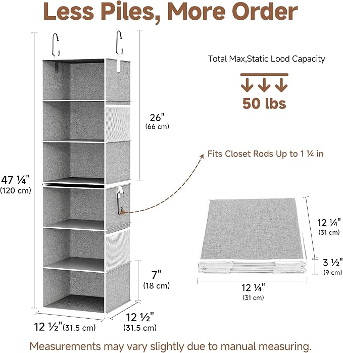 StorageWorks 6-Shelf Closet Organizers, Two 3-Shelf Separable Hanging Shelves for Close, 12 1⁄2" D x 12 1⁄2" W x 47 ¼" H, Canvas, Gray - Image 2