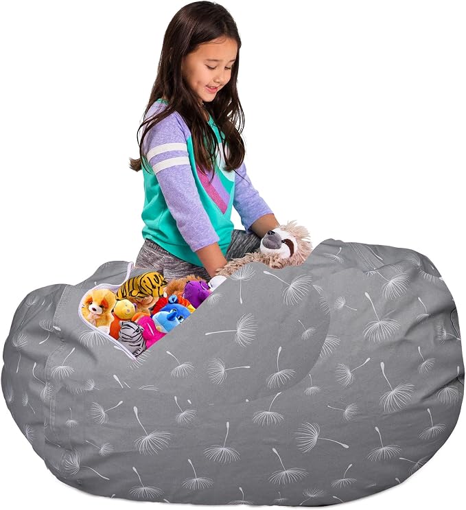Posh Creations Kids Stuffed Animal Storage Bean Bag Chair Cover - Childrens Toy Organizer, X-Large-48in, Canvas White Dandelions on Gray - Image 5