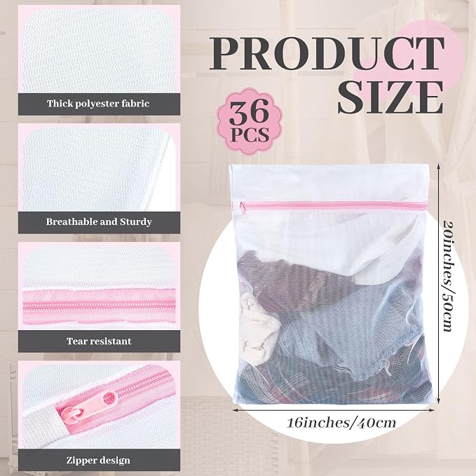 Nuenen 36 Pieces Mesh Laundry Bags Fine Mesh Wash Bags with Zipper Machine Washable Lingerie Bags for Washing Delicates Clothes Garment Underwear Blouse Hosiery Socks Travel, 16 x 20 Inches (Pink) - Image 2