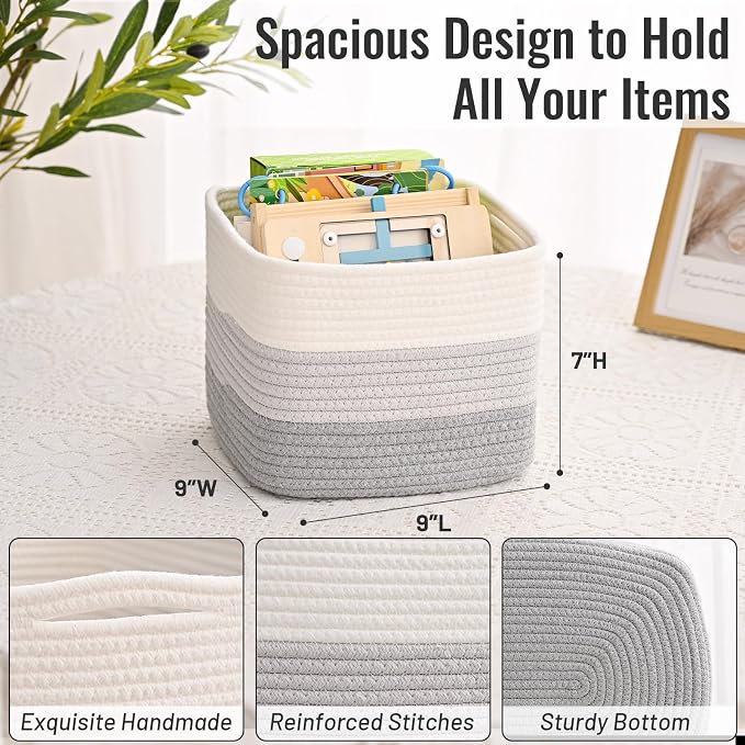 3 Pack Cube Storage Bin, 9”x9”x7” Cotton Rope Woven Baskets for Organizing Toys Clothes Towels, Square Gift Storage Baskets for Shelves, Nursery, Closet, Bathroom, Pantry (Gradient Grey) - Image 4