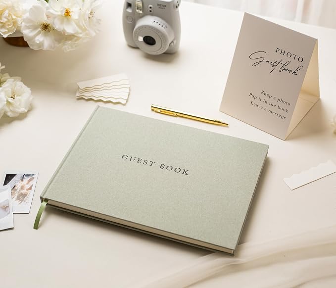 Real Linen Guest Book Set - 11.5 x 8.5 Embossed Guestbook for Weddings, Showers, Events, Blank & Lined, Comes with Sign, Pen, Box and Photo Sleeves, 120 Pages (Leaf) - Image 2