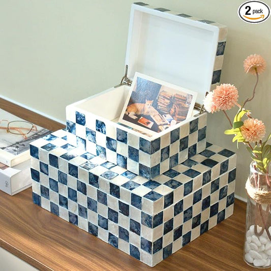 12"x8" Decorative Capiz Boxes Keepsake Trunk, Navy Blue, Set 2 | Handmade capiz inlaid keepsake boxes for photos, blue checkered boxes, checkered box decor, blue storage box for bedroom by ChiAnHome