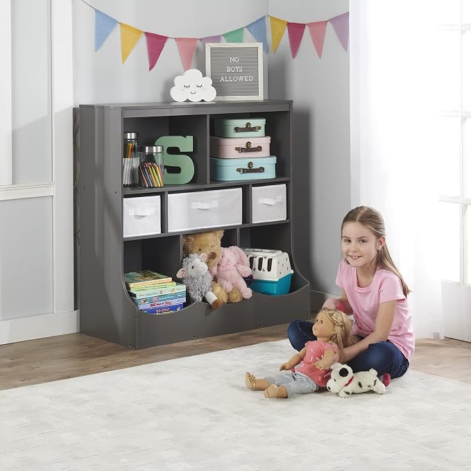 Badger Basket Combo Bin Toy Storage Unit and Book Shelf for Kids with 3 Baskets - Charcoal | Kids storage organizer with 3 removable baskets, open shelves, and top display surface for toys and books - Image 7