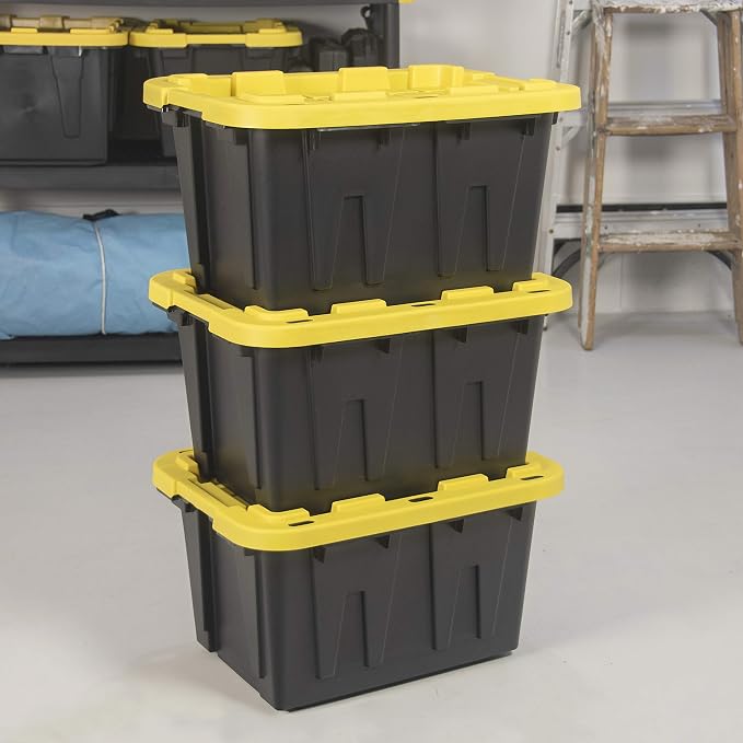CX Heavy Duty 12-Gallon Stackable Plastic Storage Bins with Lids, 4 Pack | Storage totes for garage organization, Stackable containers, weather-resistant, snap lid, 12.5H x 16.3W x 21.8D, Black/Yellow - Image 3