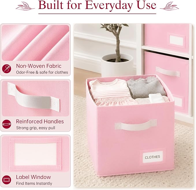 Storage Cubes 10 Pack, 11 Inch Fabric Storage Bins Organizer with Labels, Odor-Free & Sturdy PP Structure, Collapsible Cubby Baskets for Closet, Shelves, Toys & Nursery (Pink) - Image 3