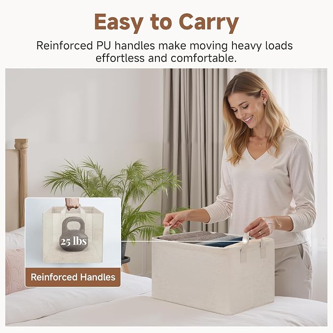 StorageWorks Fabric Storage Bins, Linen Closet Organizers, Beige, 2-Pack | With Reinforced PU Handles, Metal Frame, Sturdy Structure, Collapsible, for Closet, Shelves, Holds Clothes, Towels, Blankets - Image 6