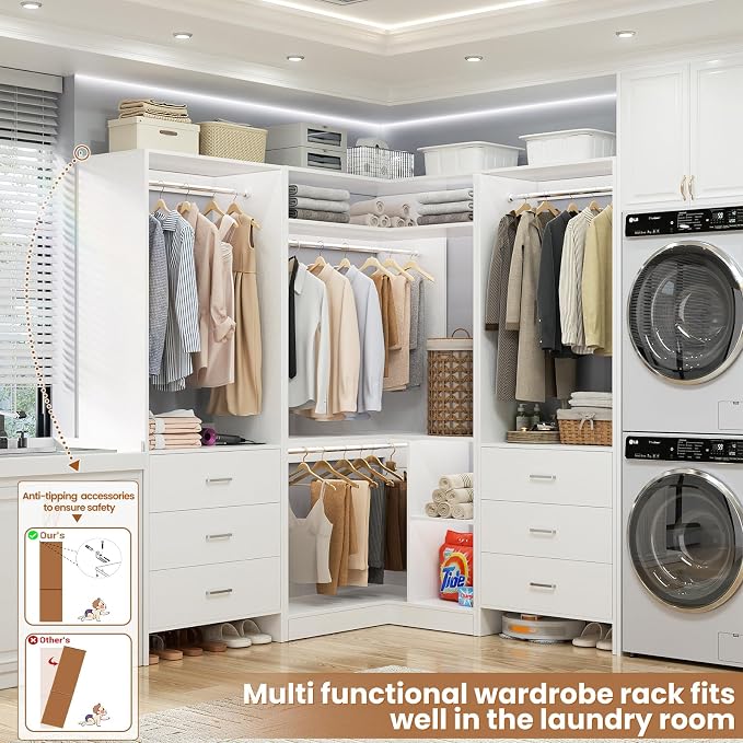 Aheaplus Closet System with 6 Drawers, 4 Hanging Rods & Corner Tower, Corner Closet System with Hanging, 80.9" L-Shaped Walk-In Wardrobe Organizer, 2000+ lbs Capacity, Set of 3, White - Image 3